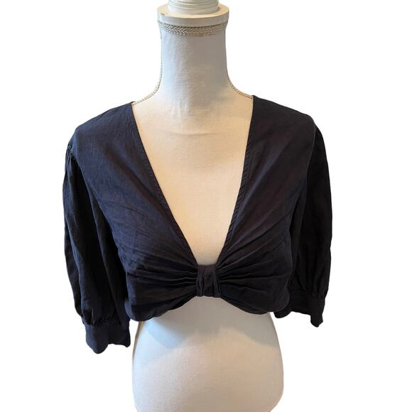 YFB Young Fabulous Broke Linen Cropped Knot Front Miranda Top Navy Blue M - Picture 5 of 8